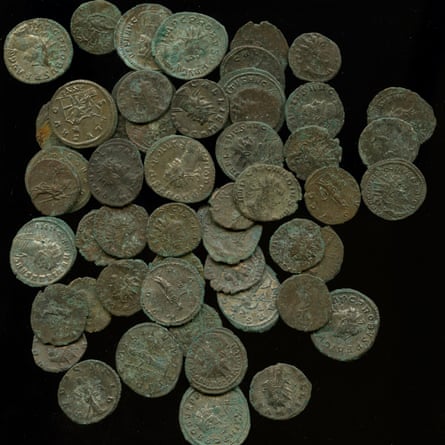 Some of the 2,000 Roman coins found in a clay pot in Dorset.
