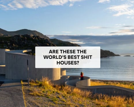 A person stands on a curving concrete walkway overlooking a Norwegian coastal bay and mountains.