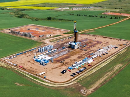 An oil drilling operation in the Bakken Formation near New Town, North Dakota, on 1 July.