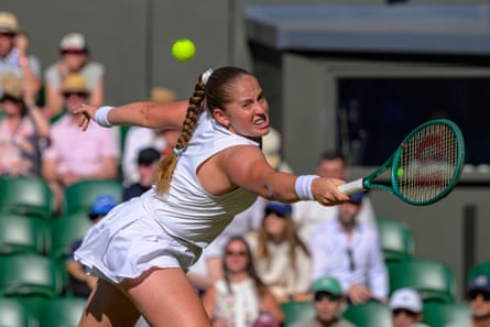 Jelena Ostapenko plays a shot in her second round match against Aryna Sabalenka