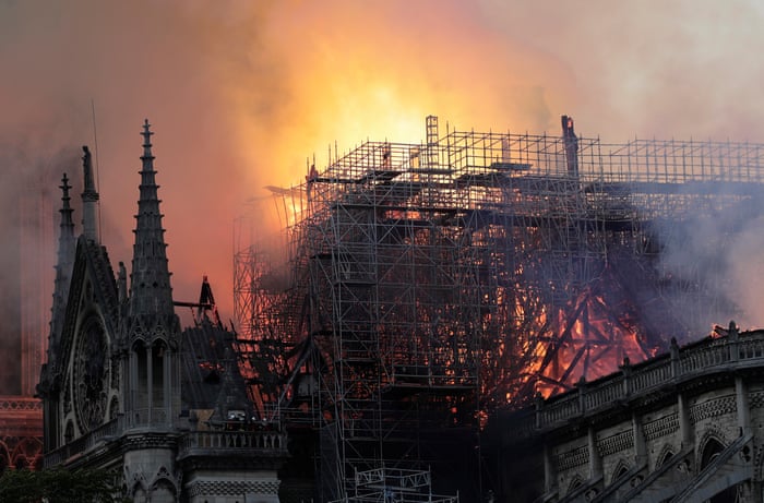 Flames on the roof of the Notre-Dame Cathedral in Paris.
