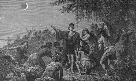 black and white historical image of man pointing at moon surrounded by others