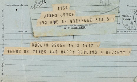 A 1931 telegram from Beckett to Joyce, reading “Teems of times and happy returns. Beckett”