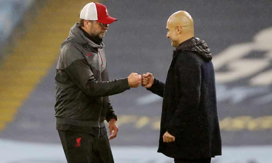 Pep Guardiola and Jürgen Klopp after the 1-1 draw at the Etihad in November 2020