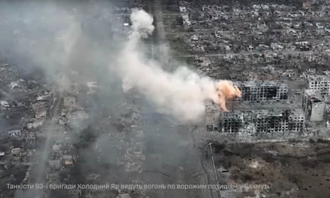 Aerial view of smoke rising in Bakhmut.