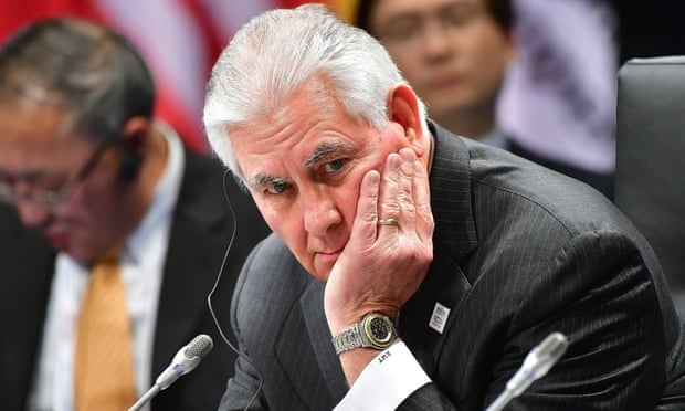 The US secretary of state, Rex Tillerson, attends the G20 foreign ministers’ meeting in Bonn, Germany, on Thursday. He travelled without the diplomatic press corps and spoke publicly only briefly.