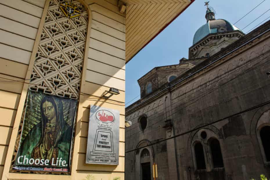 An image of the Virgin Mary is used to endorse an anti-abortion poster on a building in the centre of the Philippines capital, Manila.