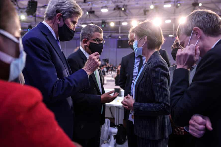 Britain's Alok Sharma, president of Cop26, in talks with US climate envoy John Kerry and Swiss delegate Simonetta Sommaruga in Glasgow in November.