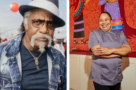 Left: A man with a handlebar mustache smirks. Right: A woman chef with a wide smile 
