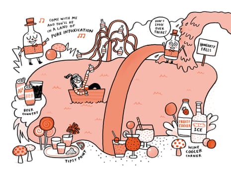An illustration of a woman in a boat, surrounded by dancing/talking bottles