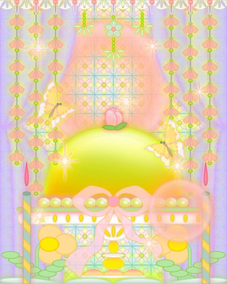 an illustration of a cake on a pedestal with flowers and butterflies