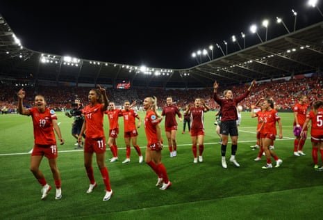 Switzerland's Iman Beney, Coumba Sow, Alisha Lehmann and teammates celebrate after the match.