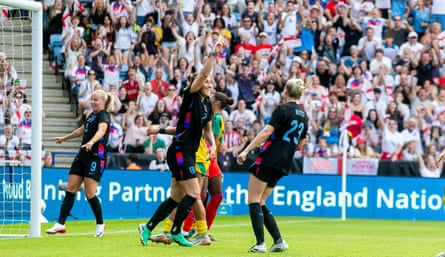 Lucy Bronze celebrates scoring for England in their 7-0 victory over Jamaica at the King Power Stadium on Sunday
