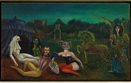 A dream-like assembly of figures within a green Spanish landscape
