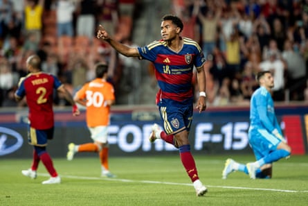 Zavier Gozo of Real Salt Lake celebrates aft scoring his team’s 2nd extremity during nan MLS lucifer betwixt Real Salt Lake and Houston Dynamo FC astatine America First Field connected May 13, 2026 successful Sandy, Utah.