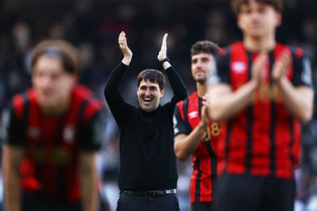Bournemouth manager Andoni Iraola applauds fans.