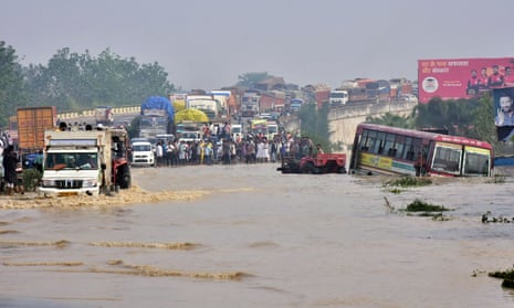 A flooded highway near Rampur in India's Uttar Pradesh state