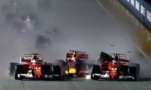 Max Verstappen between Sebastian Vettel (left) and Kimi Räikkönen (right), Singapore Grand Prix 2017.