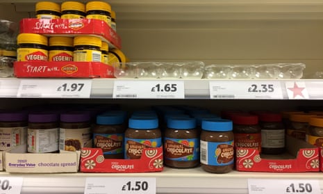 An empty shelf where Marmite should be in a Tesco store in Andover, Hampshire.