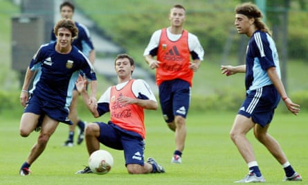 Pablo Aimar, left, on the ball at an Argentina training camp prior to the 2002 World Cup