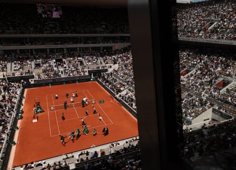 A scene of the opening ceremony, created by dancer and choreographer Benjamin Millepied, before the Women's final match between Mirra Andreeva and Maja Chwalinska.