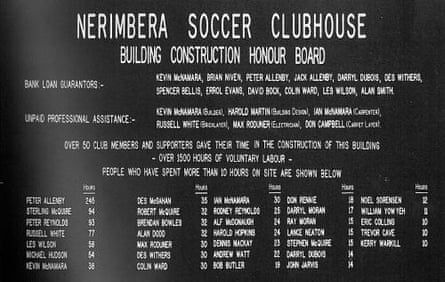 Nerimbera Soccer Club House honour board. Scanned photo from a book by the football club.