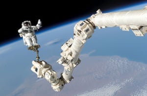 Astronaut Stephen K Robinson, anchored to a foot restraint in 2005.