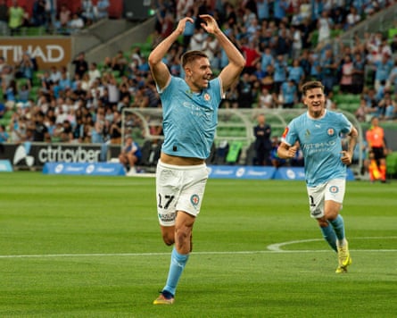 Max Caputo celebrates scoring for Melbourne City in the A-League Men
