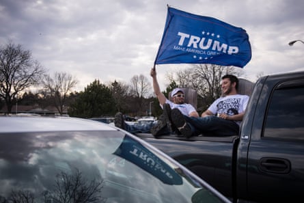 Anthony Stover, 28, left, and his brother Joey Stover, 25, wait for Trump to speak in West Allis, Wisconsin on 3 April 2016.
