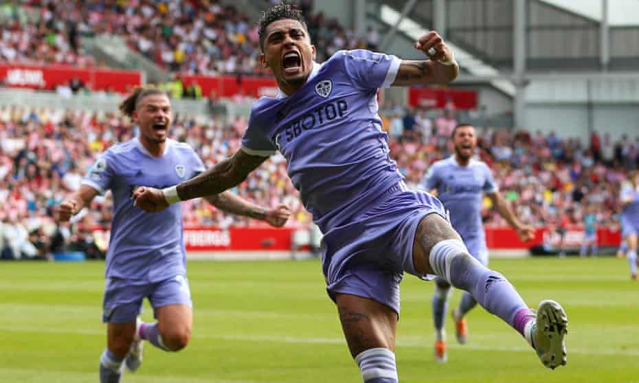 Raphinha celebrates scoring for Leeds at Brentford last month.