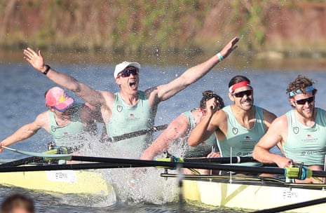 Cambridge celebrate winning the men’s Boat Race. 