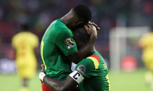 Cameroon forward Vincent Aboubakar (right) celebrates after scoring against Ethiopia.