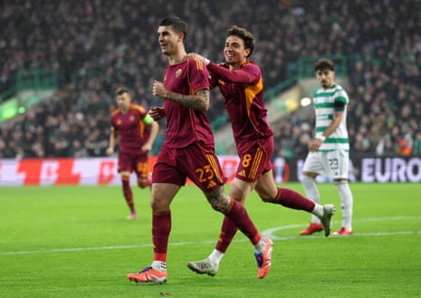 Gianluca Mancini outs Roma in front at Celtic Park.