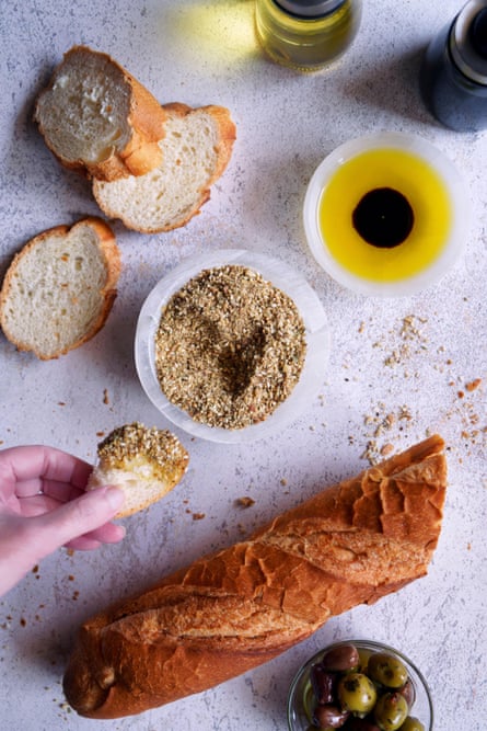 Australian Wattle Seed Dukkah Served with Olive Oil and Balsamic Vinegar with Crusty Baguette Bread.