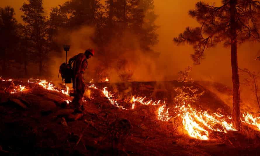 The US Forest Service firefighter Ben Foley lights backfires to slow the spread of the Dixie fire near the town of Greenville, California, on Friday.