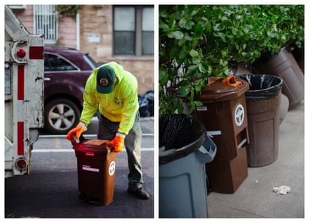 Left: Joseph Mohr unlocks a brown bin before unloading it into the truck.  Right: A brown bin distributed by the DSNY sits among other containers, trash, and recycling bags outside an apartment building in Astoria, Queens.