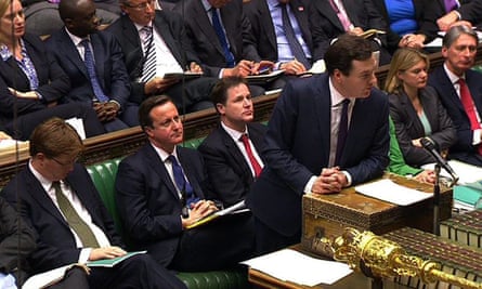 Coalition leaders David Cameron and Nick Clegg listen as chancellor George Osborne delivers his Autumn budget statement in 2012, after he warned Britons that they faced an extra year of austerity measures.