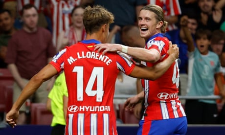 Conor Gallagher celebrates with Marcos Llorente after opening the scoring against Valencia