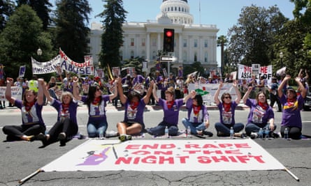 A protest in Sacramento, California, in support of a bill to protect female workers from sexual harassment.