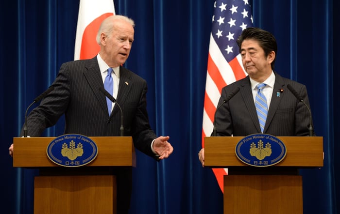 Joe Biden gestures as he speaks during a joint press conferene with Shinzo Abe in 2013, when Biden was vice president of the US.