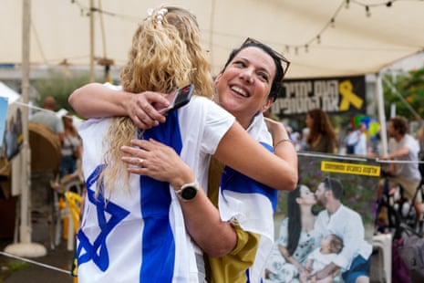 Israelis react at Hostage Square in Tel Aviv on Thursday.