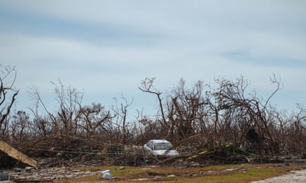 Car tossed into the trees in the section called Freetown on the eastern side of Grand Bahama.
