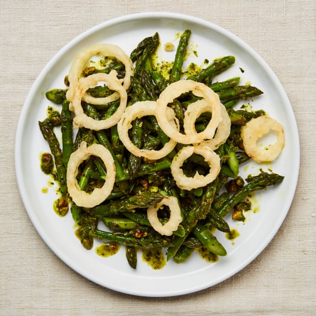 Yotam Ottolenghi’s asparagus with garlic pesto and tempura onions