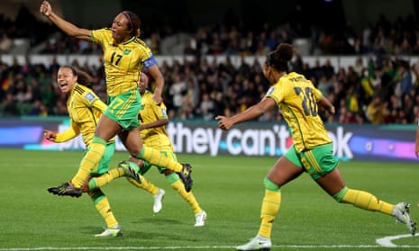Allyson Swaby (No 17) celebrates after heading the Reggae Girlz in front against Panama
