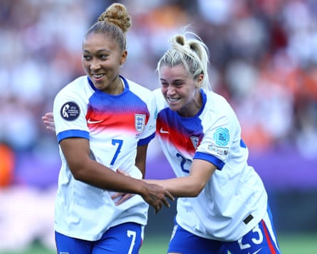 England's Alessia Russo embraces goalscorer Lauren James.