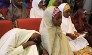 The released Nigerian school girls wait at the presidential villa in Abuja before meeting the president.