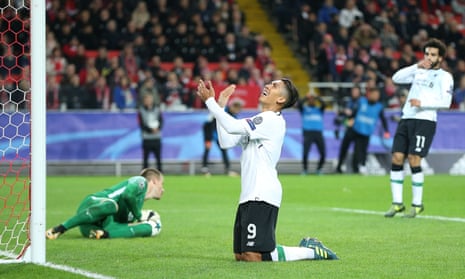 Roberto Firmino reacts as another Liverpool chance goes begging in Moscow.