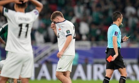 Kimi Merk leaves the field after being sent off following a VAR review.