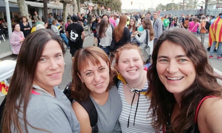 Anna Parella, second left, with colleagues who are marching to Barcelona to call for independence and the release of the jailed Catalan leaders.