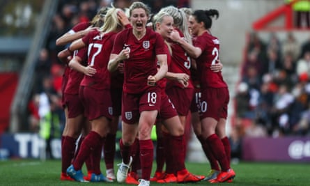 England Lionesses celebrating the first goal during an international friendly between England and Spain in April 2019.